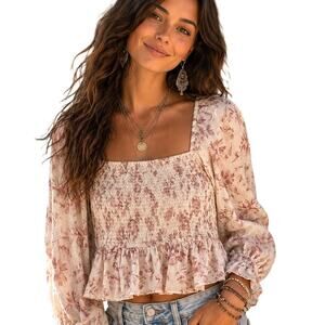 Dizzy Lizzy Mellie Smocked Top Womens Large White Mauve Floral Milkmaid Cottage